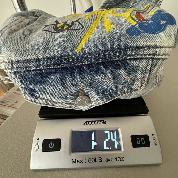 Pacsun Crop Denim Jacket Medium Graffiti Skater Distressed Painted Art Sun Peace - Picture 13 of 13